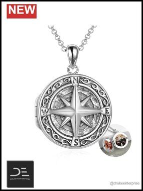 Compass Locket Necklace 925 Sterling Silver Holds Photo Picture Adjustable Chain